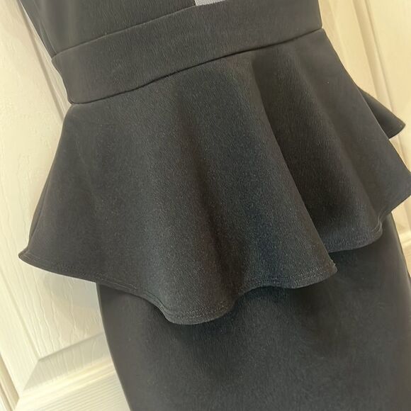 Chocolate USA Black Dress Shirt Sleeve Peplum Skirt Mini Cut Out Zipper Back - Picture 4 of 10